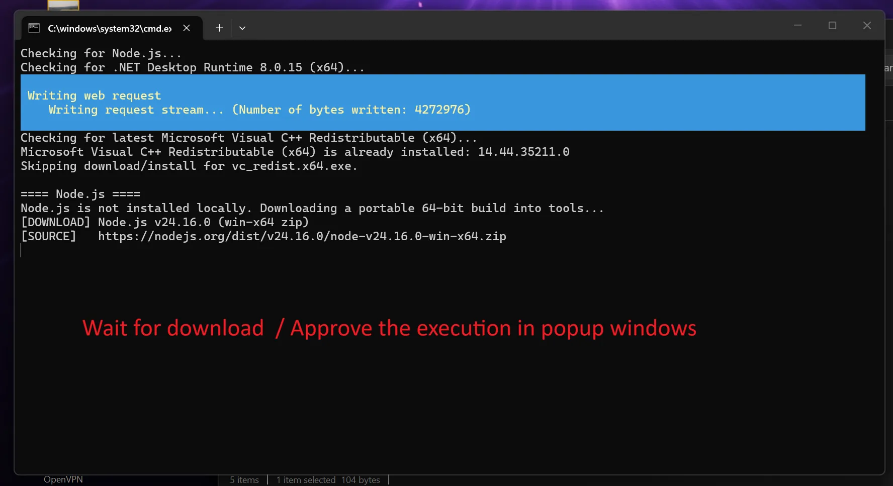 7th Step : Your computer might also ask you to install some other tools (like vc redist) and node.js. Accept.